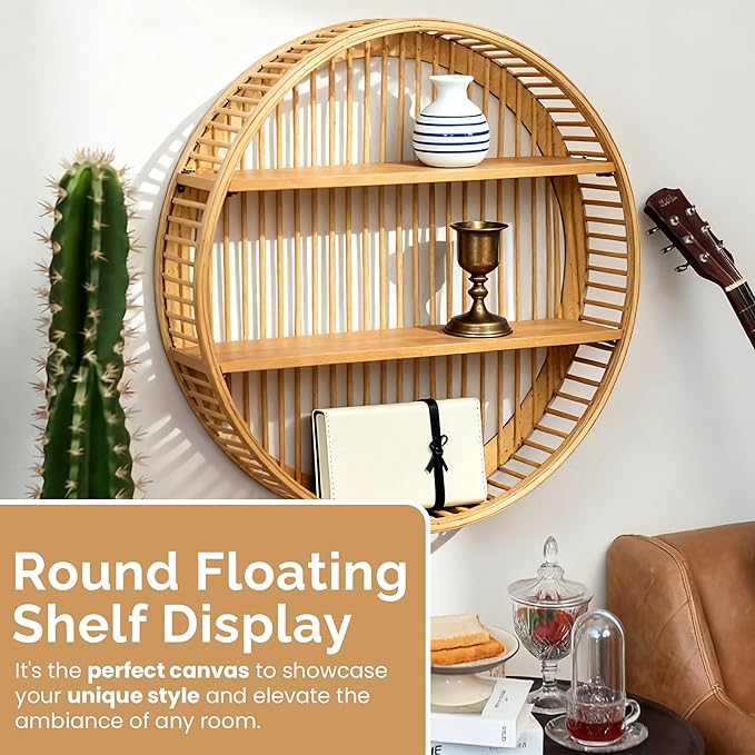 Vintiquewise Round Bamboo Wall Shelf with 2 Wooden Tiers – Natural Hanging Wall Decor and Floating Display Rack Accent for Mo