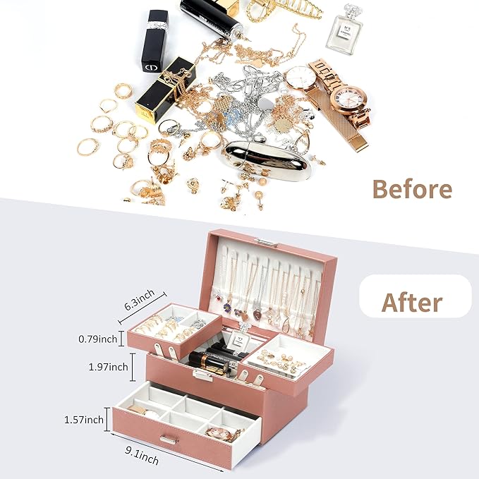 Dajasan Jewelry Organizer Box, Large Jewelry Boxes for Women Girls, Space-Saving 3 Layers Jewelry Storage Case with Drawer, M