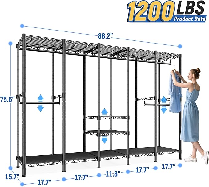 Raybee 88.2" W Clothes Rack Heavy Duty Clothing Racks for Hanging Clothes Extra Wide Portable Closet Loads 1200LBS Freestandi