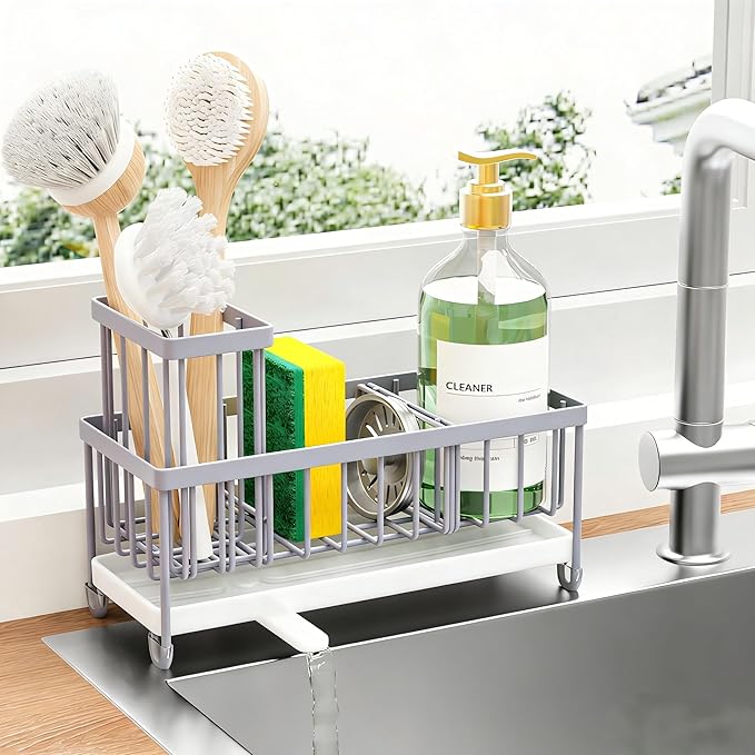 Cisily Sponge Holder for Kitchen Sink, Sink Caddy Organizer with High Brush Holder, Kitchen Countertop Organizers and Storage