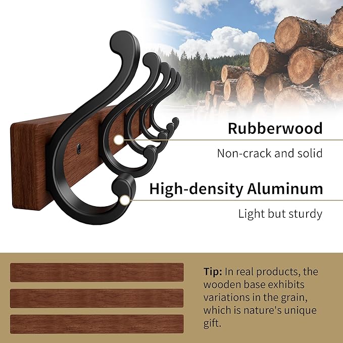 Solid Wood Wall Mounted Coat Rack, Heavy Duty 5 Hook Wooden Hanger with Metal Hooks for Hanging Hats, Coats, Towels, Backpack