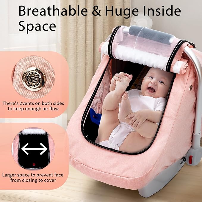 Waterproof Car Seat Cover Baby, 3D Mink Dot Infant Car Seat Cover with 2 Breathable Vents, Universal Carseat Canopy for Girls