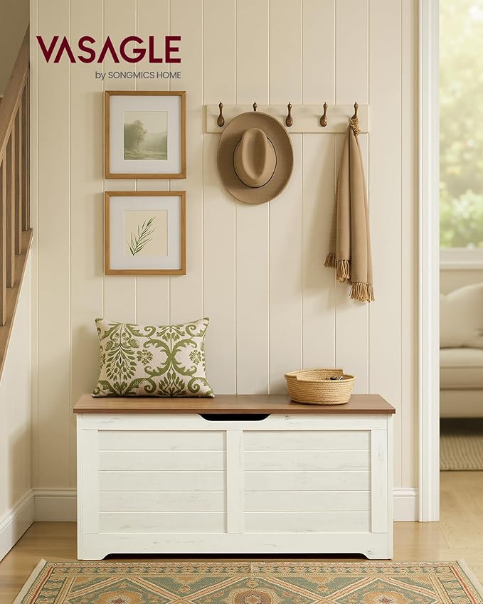 VASAGLE Storage Chest, Storage Bench with 2 Safety Hinges, Farmhouse Style, 15.7 x 39.4 x 18.1 Inches, for Entryway, Bedroom,