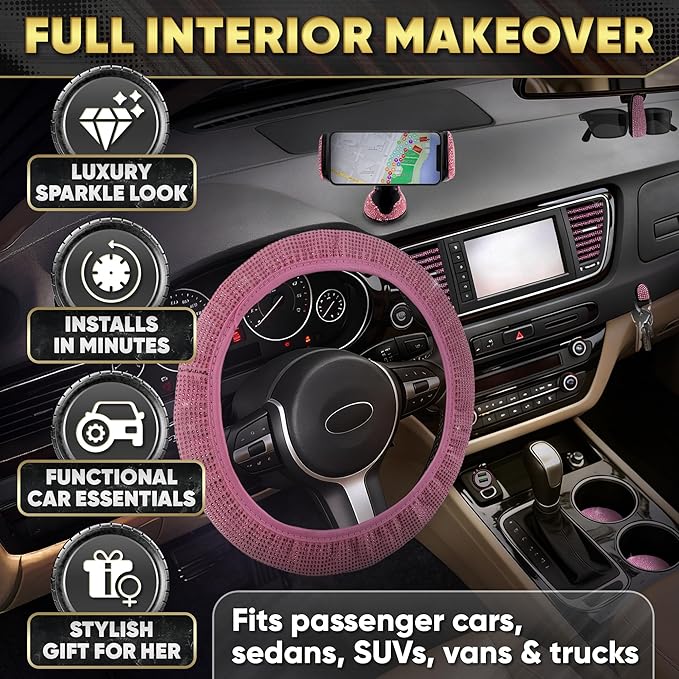 Pink Car Accessories Set, 27 Pieces – Bling Car Accessories for Interior Styling with Rhinestone Details for Daily Use, Universal Fit Kit for Steering Wheel, Vents, Mirror Area, Great Gift for Women