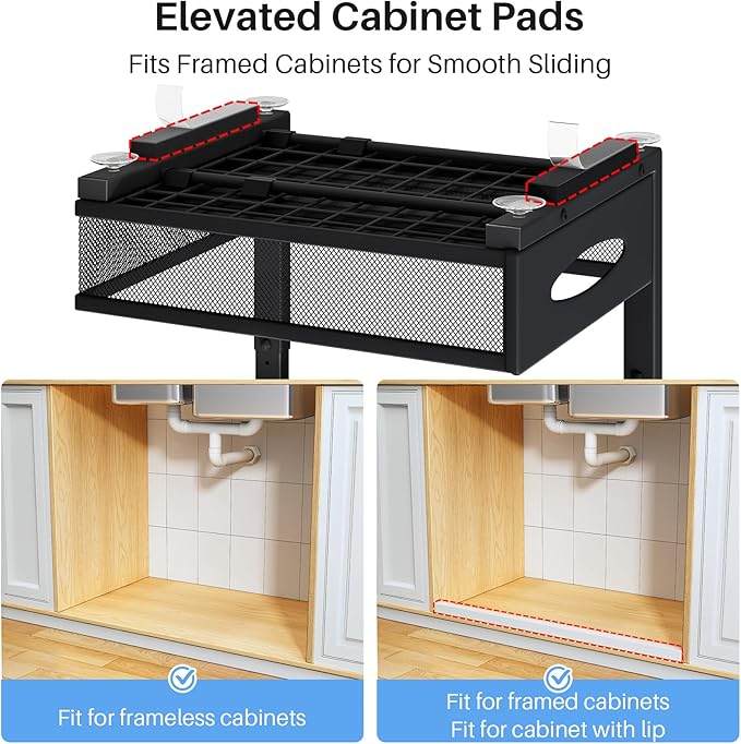Under Sink Organizer, 2 Tier Pull Out Under Cabinet Organizer Shelf with Pad for Framed Cabinets, Metal Slide Out Under Sink 