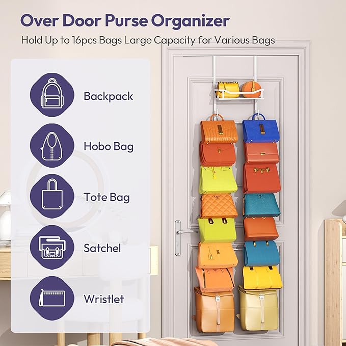 SWTYMIKI Over The Door Purse Organizer - Wall Mounted Purse Rack with 16 Hooks and Metal Basket, Handbag Hanger Organizer Hol