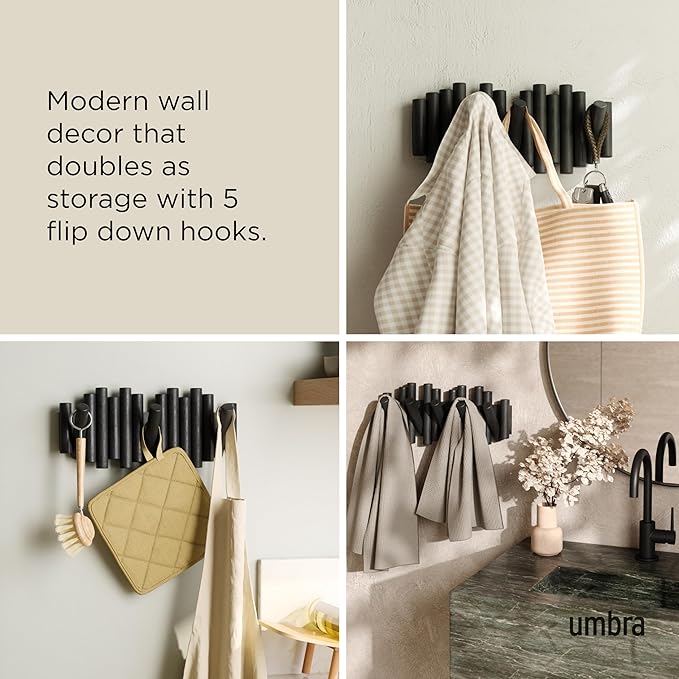 Umbra Picket Wall-Mounted Coat Rack Rail Hook with 5 Retractable Wood Pegs – Modern, Space-Saving Storage Organizer, Black