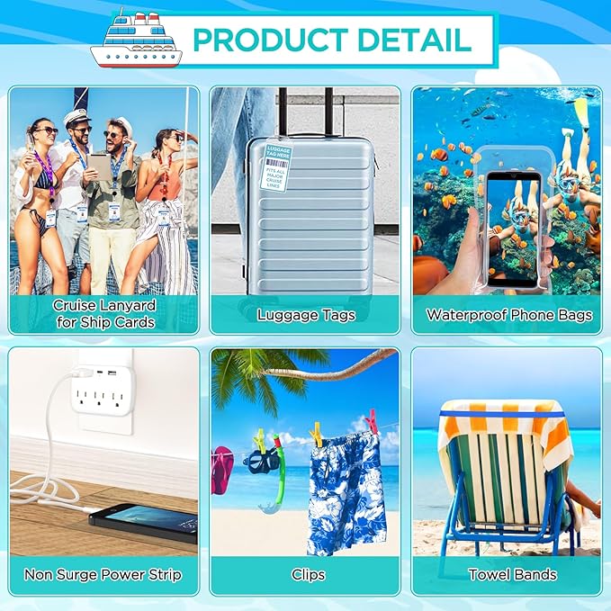 Cruise Ship Essentials Kit Include Cruise Luggage Tags Holder, Cruise Lanyards, Cruise Power Strip, Towel Bands and Clips, Wa