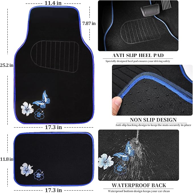 CAR PASS Universal Fit Embroidery Butterfly and Flower Car Floor Mats, Blue Car Floor Mats Fit 95% Automotive,SUVS,Sedan,Vans