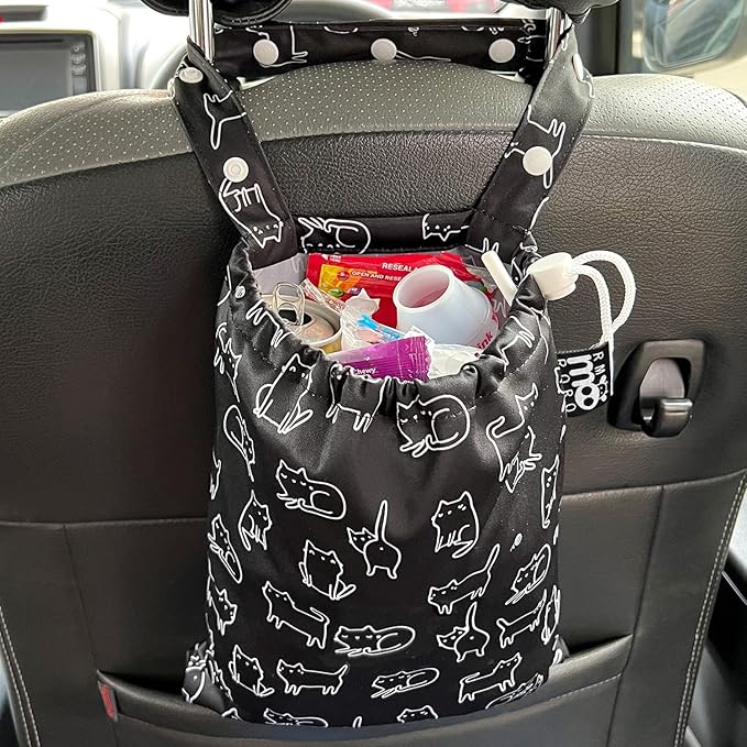 Waterproof Car Trash Bag Reusable Portable Garbage Can with Drawstring Top Adjustable Hanging Strap Leakproof & Washable for Cars SUVs & Trucks (Black Cats)