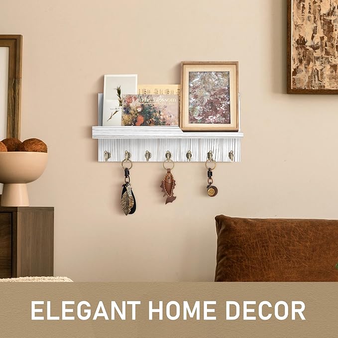 Rebee Vision Farmhouse Key and Mail Holder for Wall - Decorative Mail Organizer Wall Mount with 7 Hooks and Mounting Hardware