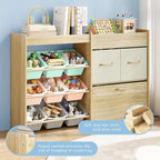 EXPERLAM Toy Storage Organizer for Kids, 9-Bin Toy Organizer with 2-Drawers,Movable Toy Chest and Top Rack, Kids Bookshelf an