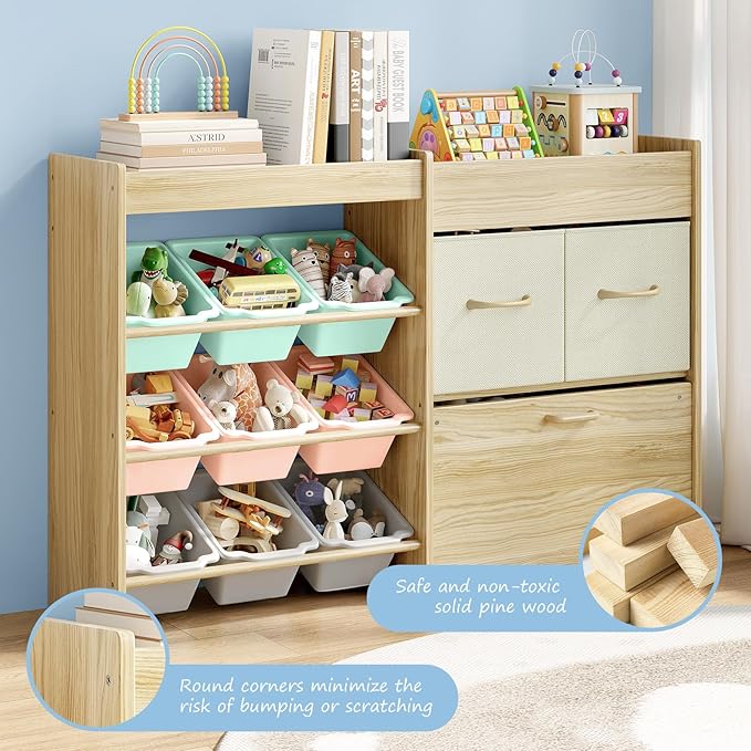 EXPERLAM Toy Storage Organizer for Kids, 9-Bin Toy Organizer with 2-Drawers,Movable Toy Chest and Top Rack, Kids Bookshelf an