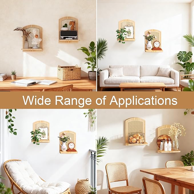 Rattan Shelf Set of 2, 9.8''Natural Wood Rattan Shelf with Wicker Decor, Boho Wall Decor Small Floating Shelves for Plant Fig