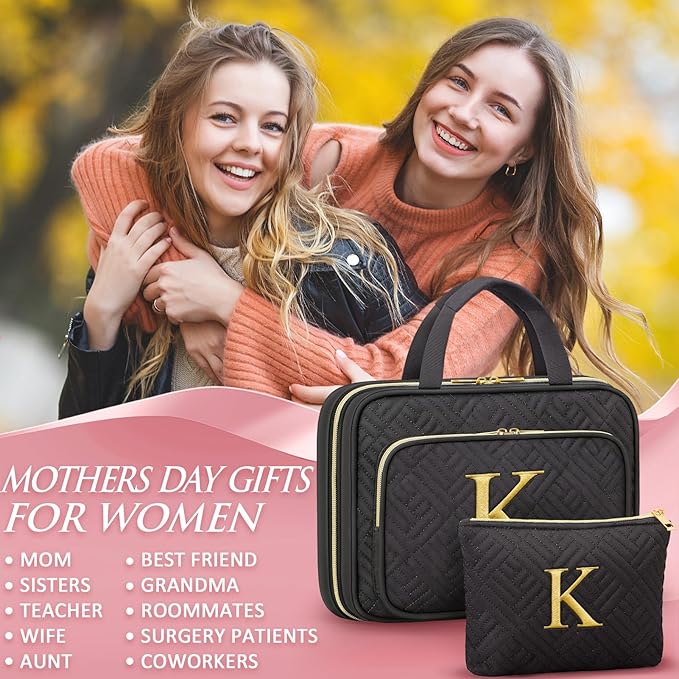 Gifts for Women, Initial Toiletry Makeup Bag Hanging Cosmetic Organizer with Embroidery Letter Personalized Nurse Teacher App