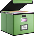 Huolewa File Organizer Box with Lid, Collapsible Faux Leather Document Organizer, Hanging File Folder Box with Plastic Slide,