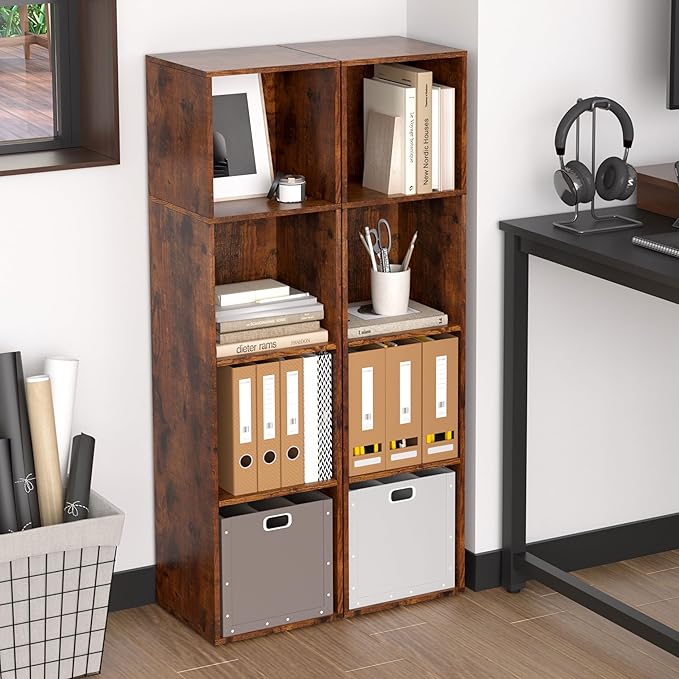 Cube Storage Organizer, 4 Cube Retro Bookshelf, Freestanding 4 Tier Open Shelf, Rustic Brown Retro Shelves for Home Office, B