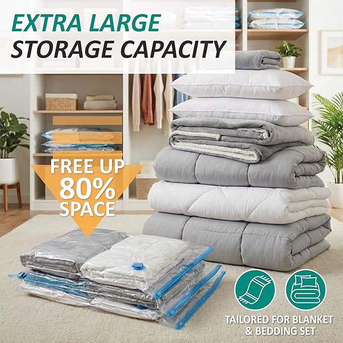 Cozy Essential Vacuum Storage Bags, 80% Compression Vacuum Seal Space Saver Plastic Packaging Bags for Clothes, Blankets, Pil