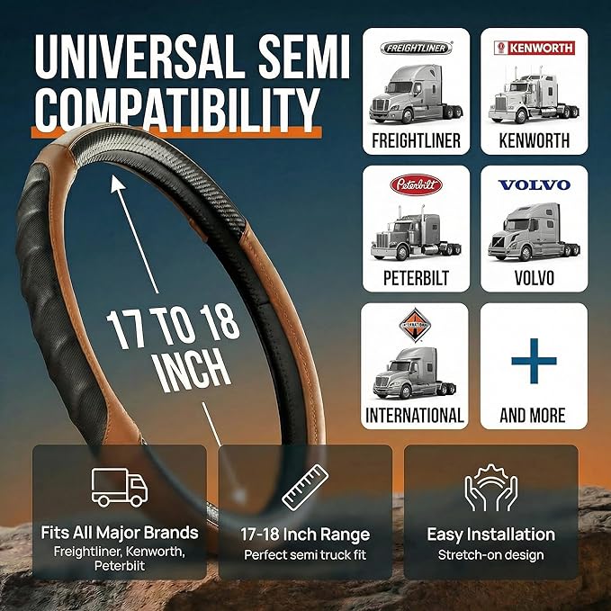 18 Inch Semi Truck Steering Wheel Cover for Freightliner Cascadia, Kenworth T680 T880, Peterbilt 579 & Volvo VNL – Heavy Duty Anti-Slip Leather Grip for Big Rig Class 8 Trucks – Brown