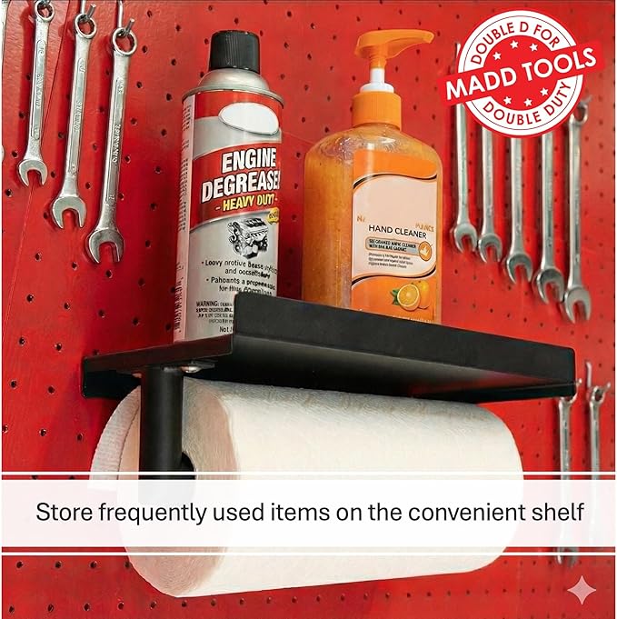 Pegboard Paper Towel Holder and Shelf, Peg Board Accessory Kit with Heavy Duty Pegboard Hooks for Garage Workshop Craft Room,
