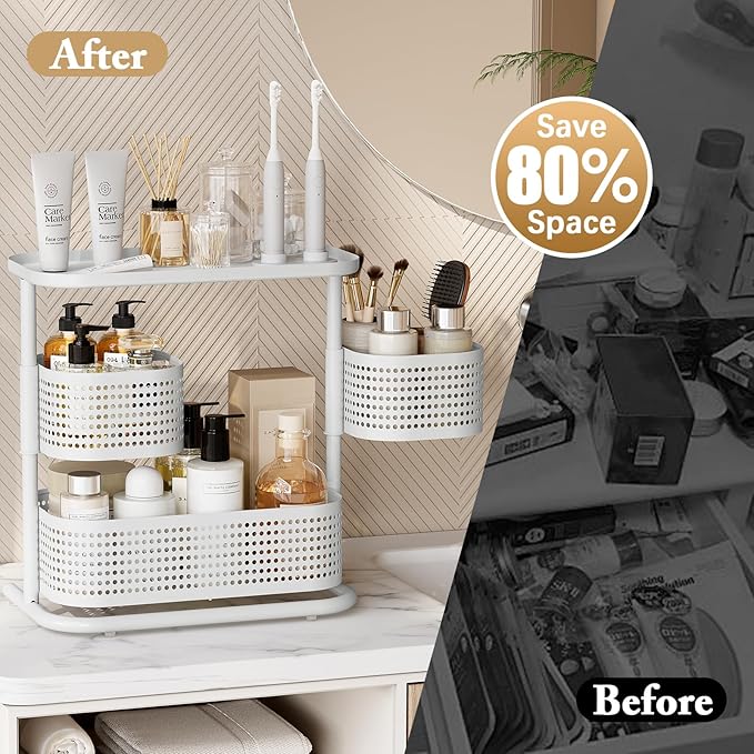 3-Tier Rotating Bathroom Counter Organizer, Vanity Tray for Makeup & Skincare, Countertop Spice Rack Storage, Space-Saving Sh