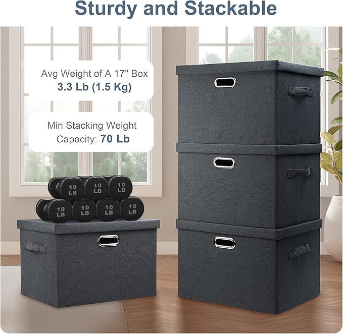 Graciadeco Large 17" 36 Quart Collapsible Stackable Storage Bins with Lids, 3 Packs Dark Gray Foldable Fabric Closet Storage 