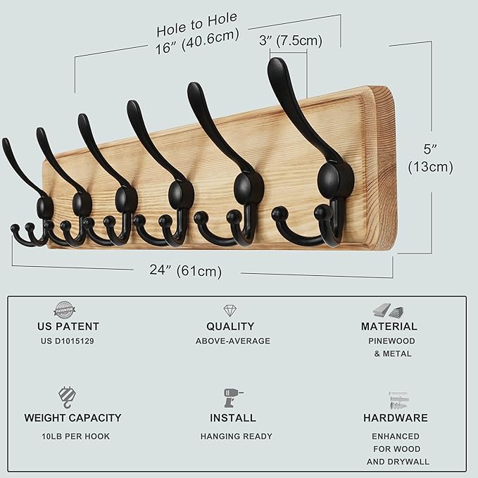 Dseap Coat Rack Wall Mounted - 24" Long 6 Tri Hooks, Heavy Duty Wooden Wall Coat Hanger Coat Hook for Clothes Hat Jacket Clot