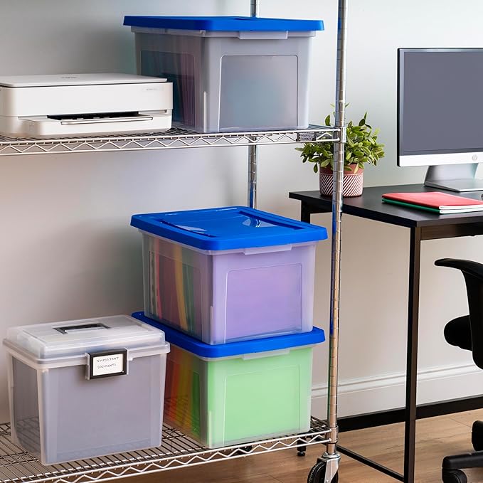 IRIS USA File Box, Plastic File Organizer Box With Lids, Letter/Legal File, Important Document Box, Portable Storage Filing B