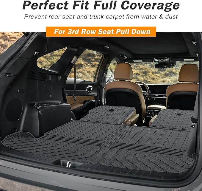 KUST Floor Mats Set for Kia Sorento 2021-2025 2026 (6 Seater, Not for Hybrid), All Weather Rear Trunk Cargo Liner with 2nd Row Back Seat Protector Full Set Car Mats Accessories TPE Rubber Raised Edge