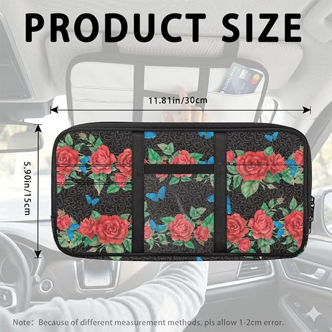 Car Sun Visor Storage Bag,Rose Tactical Car Visor Organizer with Zipper Adjustable Straps for SUV Truck Pickup Patrol Car Storage