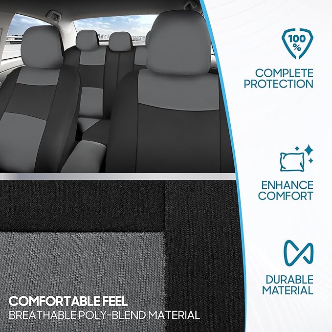 BDK PolyPro Car Seat Covers Full Set in Gray on Black, Front and Rear Split Bench Seat Covers for Cars, Easy to Install Car S
