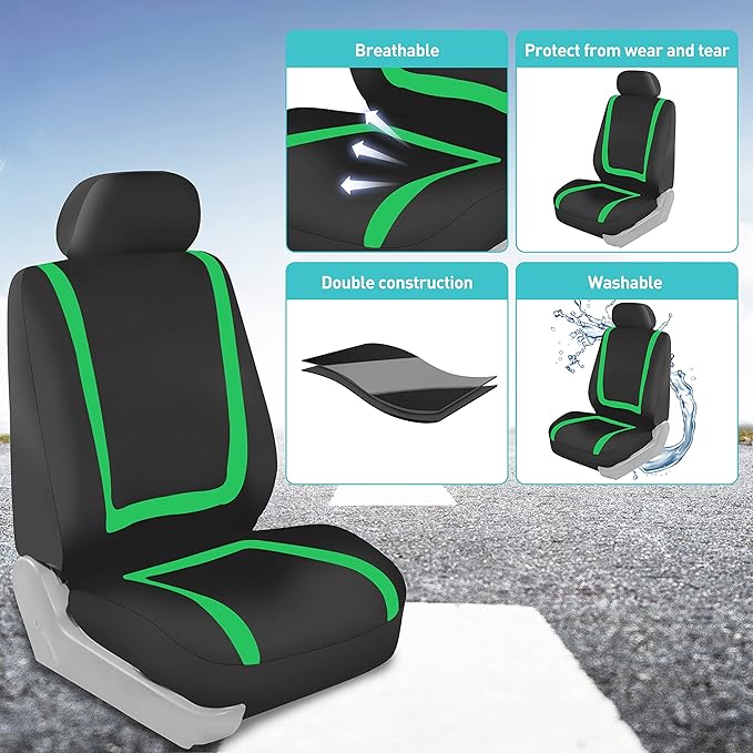 FH Group Unique Flat Cloth Full Set Car Seat Covers w. Silicone Steering Wheel Cover- Universal Fit for Most Cars, Trucks, SUVs or Vans (Green/Black)