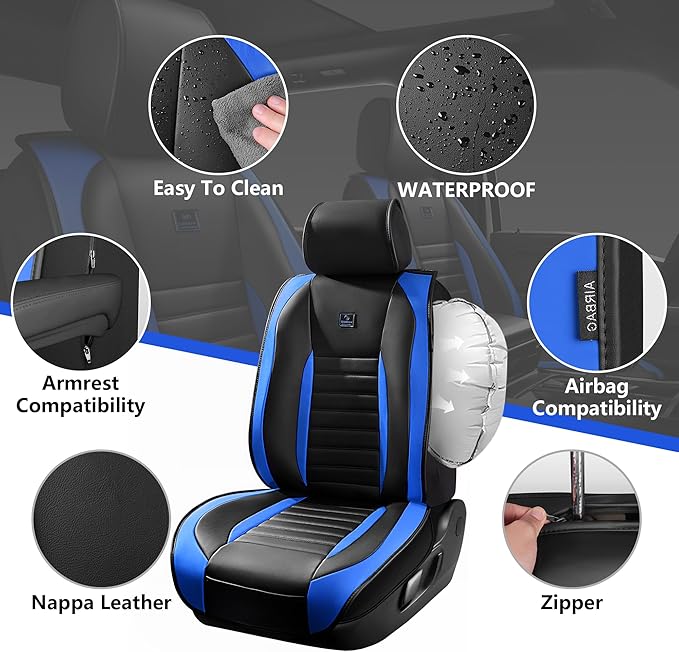 CAR PASS Nappa Leather Car Seat Covers Front Seats, Luxury Seat Protector for Cars, Waterproof Anti-Slip Seat Cushion Airbag 