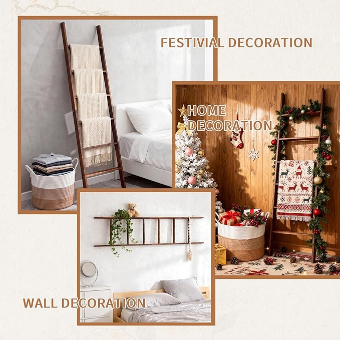 Novabright 3 Pcs Farmhouse Living Room Decoration Set with 5.6 Ft Wooden Blanket Ladder 20 x 13 Inches Large Woven Blanket Ba