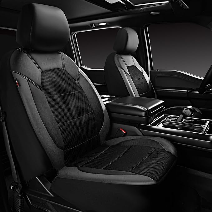 CAR PASS Leather Car Seat Covers Front Seats only, with Air Mesh Front Seat Covers Breathable, Cool Automotive Seat Covers 2 