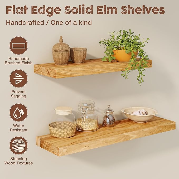 fuqing Floating Shelves for Wall, 30 inch Rustic Solid Elm Wood Floating Shelves, Wooden Wall Shelves with Invisible Heavy Du