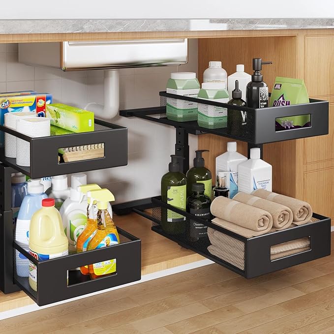 Under Sink Organizer, 2-Tier Dual Pull Out Cabinet Organizer Drawers With Smooth Circular Rail, Large Capacity Metal Mesh Sli
