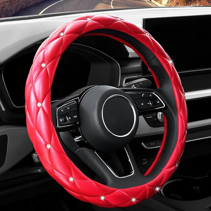 YOGURTCK Cute Diamond Soft Leather Anti-Slip Steering Wheel Cover with Bling Bling Crystal Rhinestones, Universal 15 Inch for