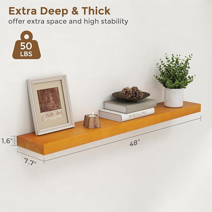 Marsmiles 48 Inch Wood Floating Shelves | Rustic Honey Oak Wall Shelves Set of 2 | 48" W x 7.7" D x 1.6" H Wooden Shelves for