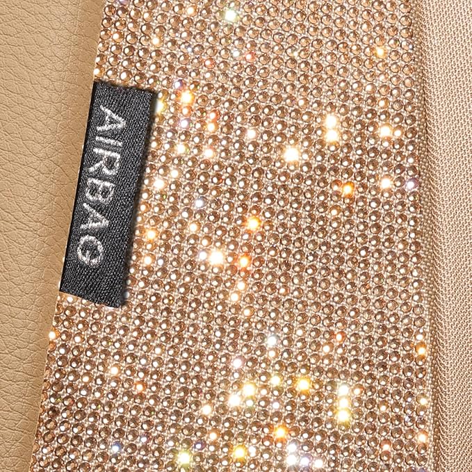 CAR PASS Bling Diamond Beige Leather Car Seat Covers Full Sets Interior Set, Waterproof Shining Glitter Sparkly Crystal Unive