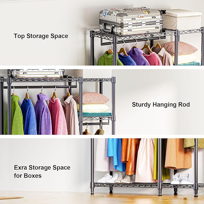 M MZG Heavy Duty Rolling Garment Rack 3 Tiers Adjustable Wire Shelving Clothes Rack with 3 Rods and Side Hooks,Storage Closet