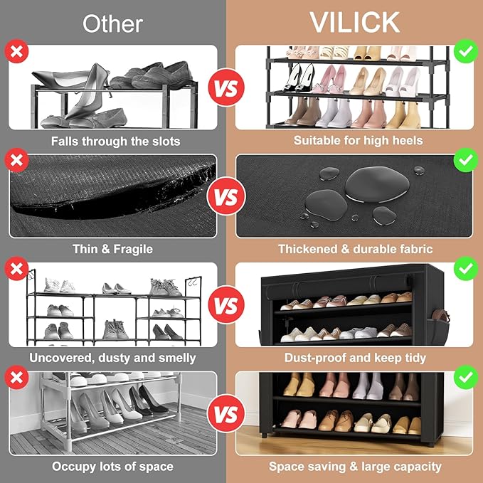 VILICK Shoe Rack with Cover Narrow Shoe Organizer with Pockets 10 Tier Tall Shoe Storage Holds 36-41 Pairs Shoes and Boots Sh