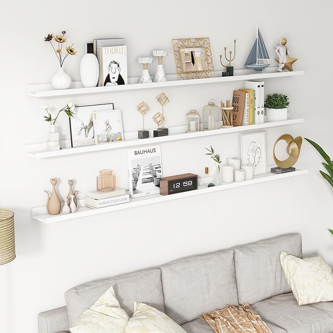 Axeman 72 Inch Floating Shelves | White Picture Ledge Shelf Set of 3 | Rustic Wood Wall Shelves with Lip | 72" White Picture 
