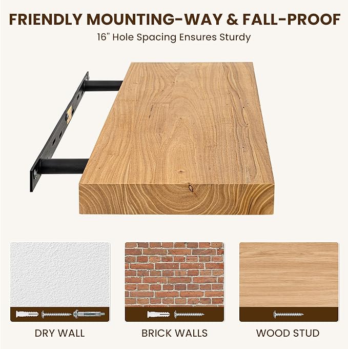 Dreamland Floating Shelves for Wall 40"x8" Set of 2 - Flat Edge Rustic Solid Elm Wood Shelves, Heavy Duty Wall Mounted Shelve