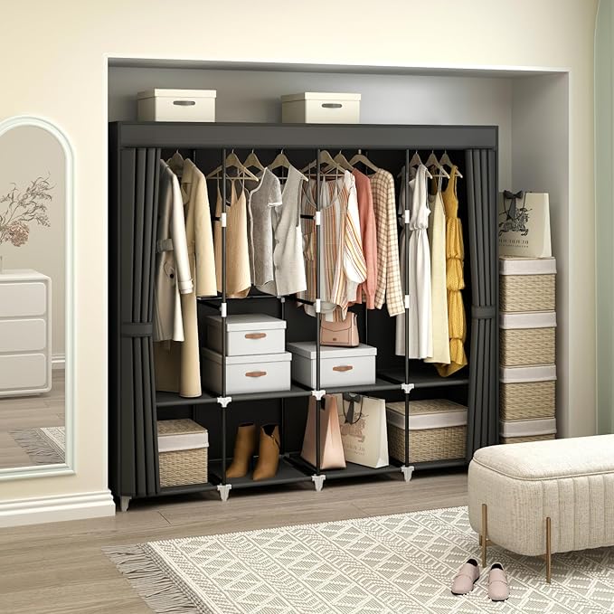 MOGELAFOO Portable Closet Wardrobe, 67-Inch Clothes Organizer with 4 Hanging Rods and 8 Shelves, Non-Woven Fabric Cover, Larg