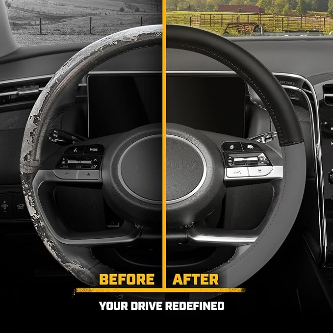 Cat® ErgoDrive Car Steering Wheel Cover with Dark Gray Grip, Black Faux Leather Steering Wheel Cover for Auto Truck Van SUV - Standard 14.5" - 15 Inches