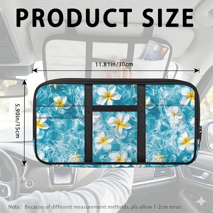 Car Sun Visor Organizer Easy to Store Sun Visor Organizer with Card Holder Big Zipper Pocket Cars Accessories Universal Fit for Most Cars SUV, Frangipani Print
