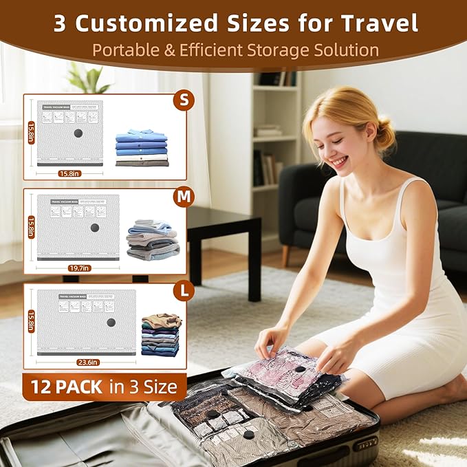 12 Pack Vacuum Bags for Travel with Rechargeable Air Pump & LED Light,Vacuum Travel Bags,Vacuum Storage Bags(4L+4M+4S),80% Sp