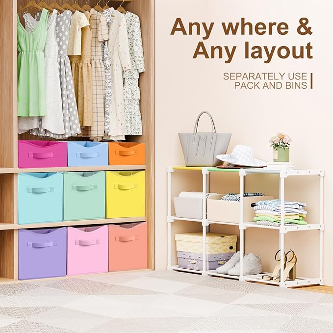 9 Cube Storage Organizer Shelf with Storage Bins and Label, 11 Inch Toy Cube Bins Clothes Closet Organizers Drawers Fabric Dr