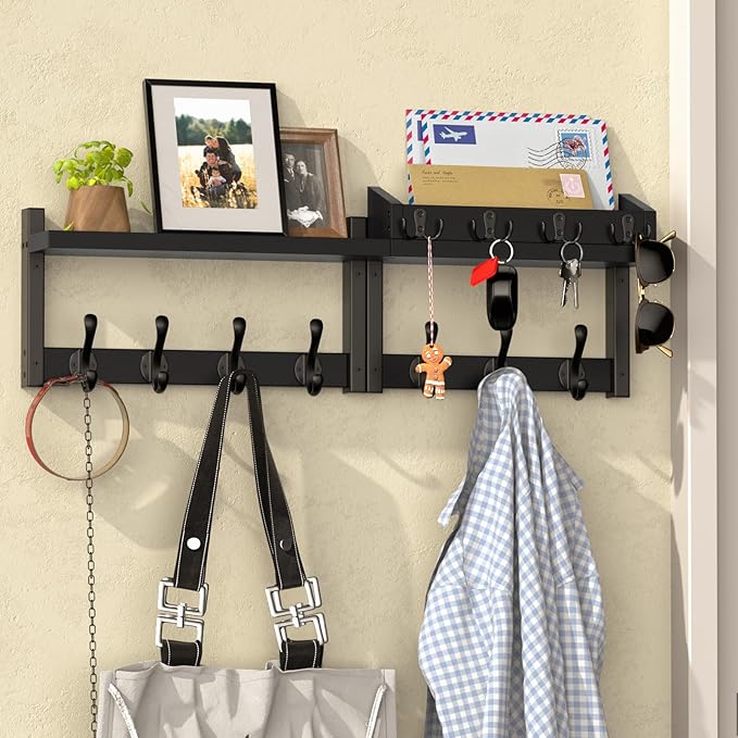 29'' Black Coat Rack Wall Mount with Shelf, Solid Wood Coat and Key Hanger with 11 Metal Hooks, Farmhouse Wall Organizer for 